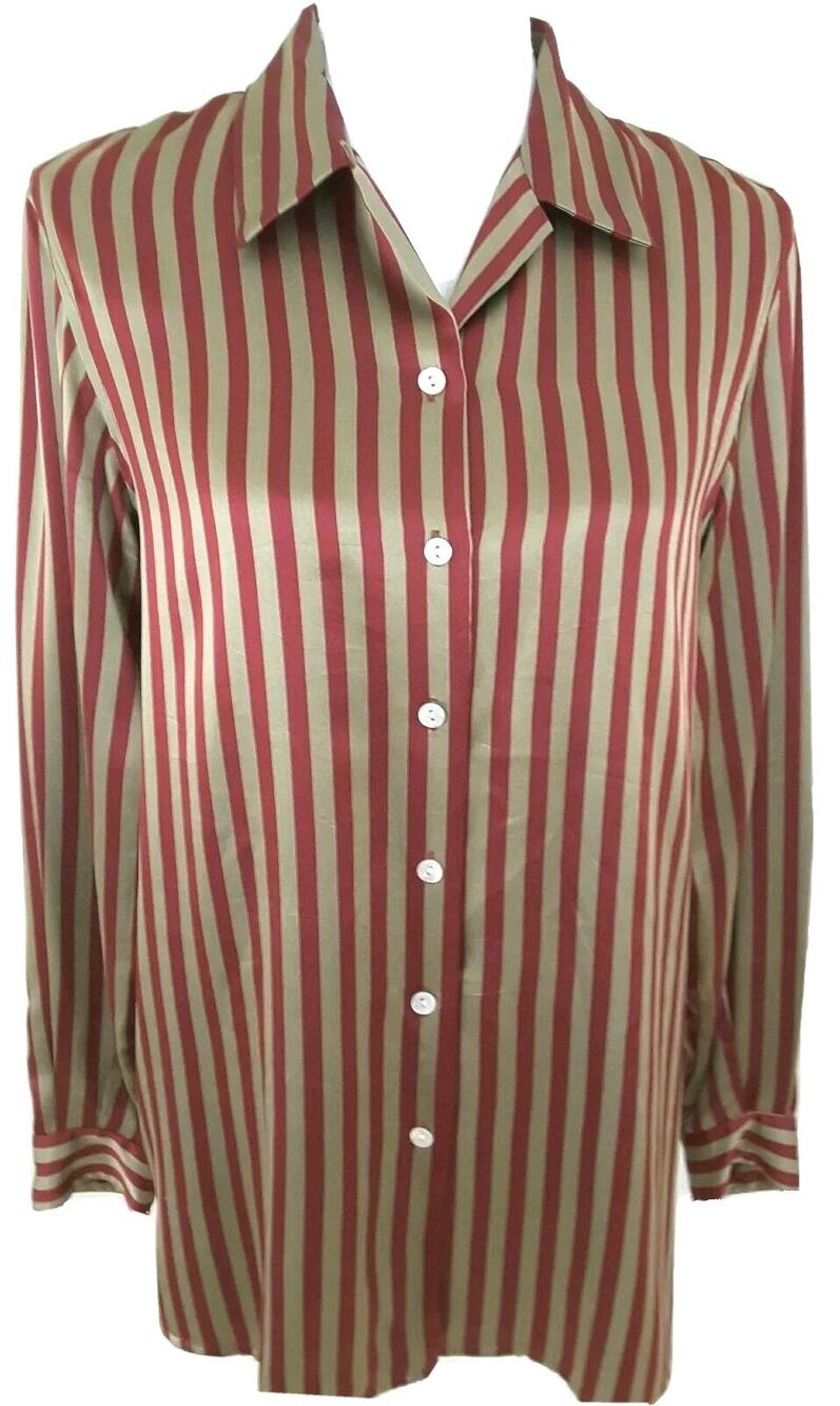 Patrick Christopher~Woman Size 8~Gold/Burgundy Striped Button-Up Shirt 100% Silk